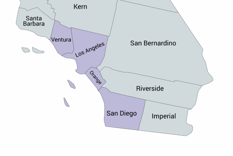 Map highlighting the counties of Los Angeles, Ventura, Orange, and San Diego in Southern California to show the primary service areas of Andrews Powder Coating.